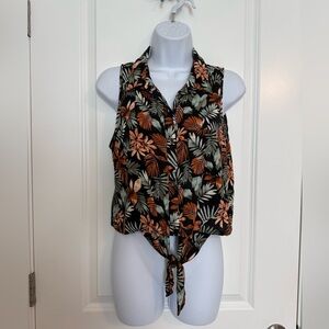 Floral Tropical Sleeveless Tie-Front Top - Black, Orange, Green - Hawaiian Shirt
